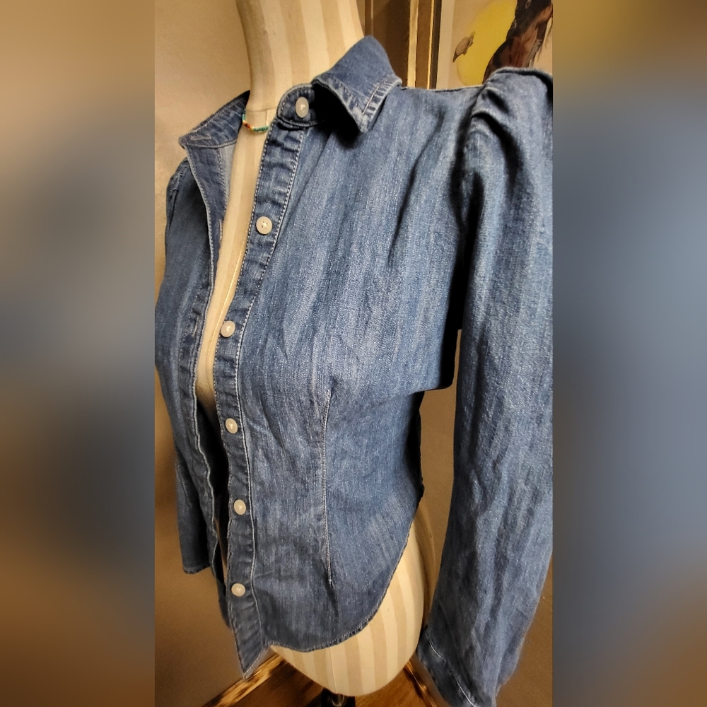 EXPRESS X Small Blue Chambray Denim Button Dress Shirt Gathered Western